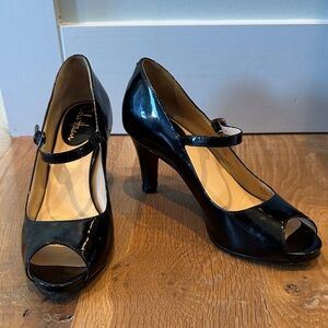 Cole Haan Patent Leather Black Peep-Toe Mary Jane Heels size 7.5 Ankle strap